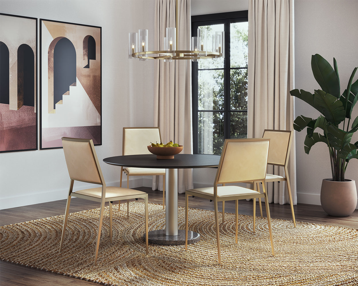 Monaco Dining Table 48in - Gold/Grey Marble/Charcoal Grey