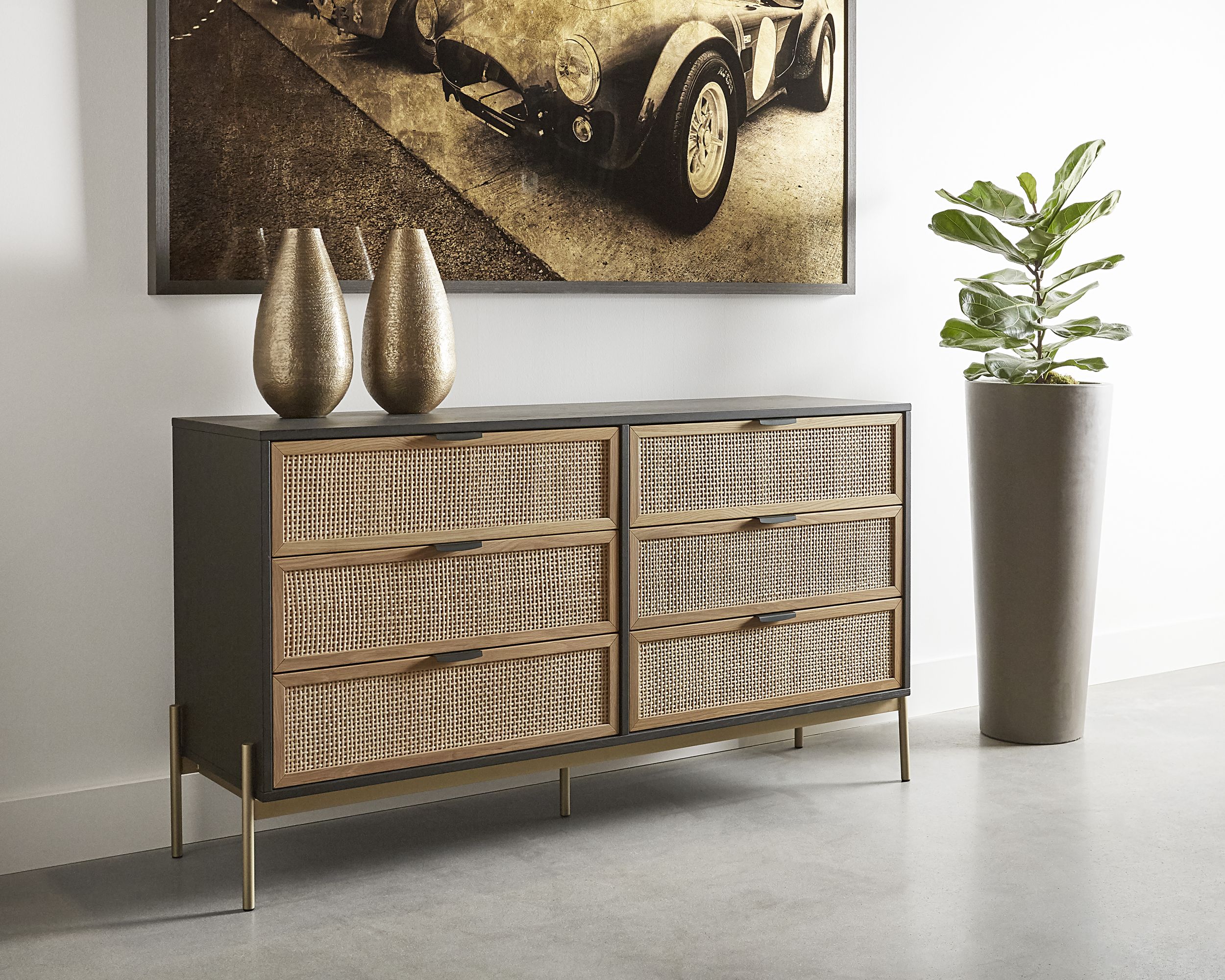Avida 6-Drawer Dresser - Black/Natural Rattan