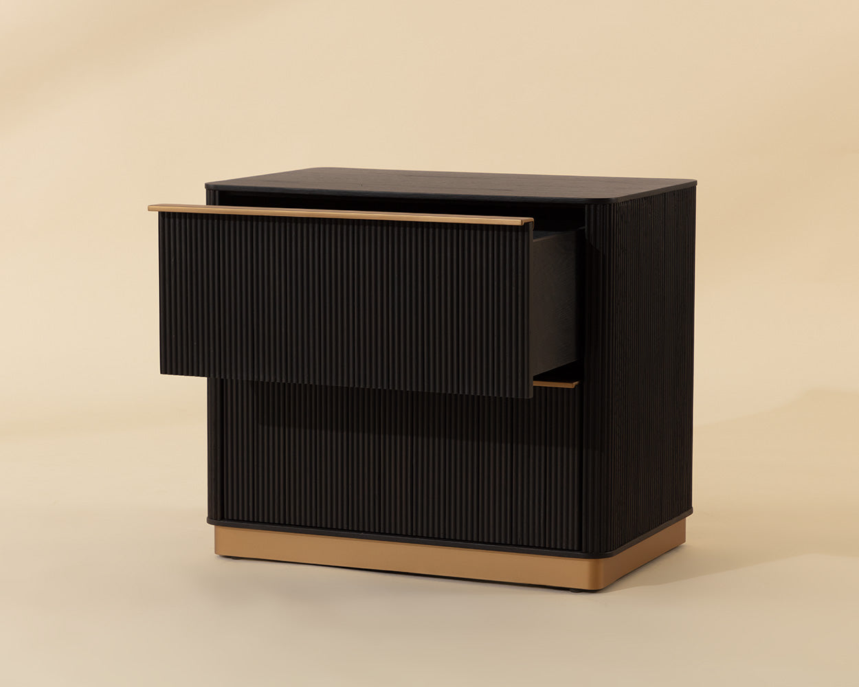 Kalla Nightstand in charcoal with drawer open - studio view