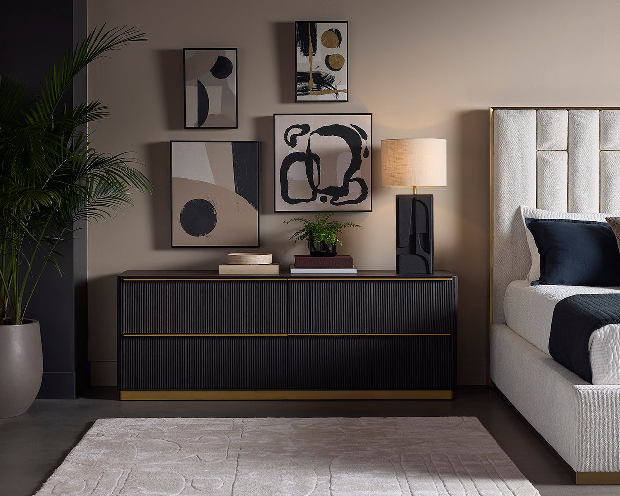 Kalla Dresser in charcoal styled in a bedroom
