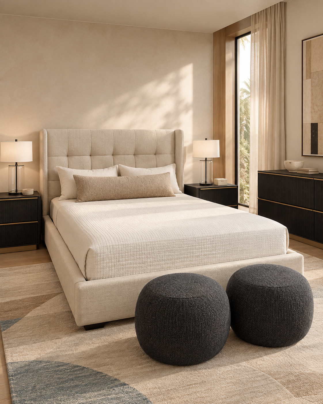 Kalla Dresser in charcoal styled in a bedroom with the Tufted Wingback Bed and Kalla nightstands