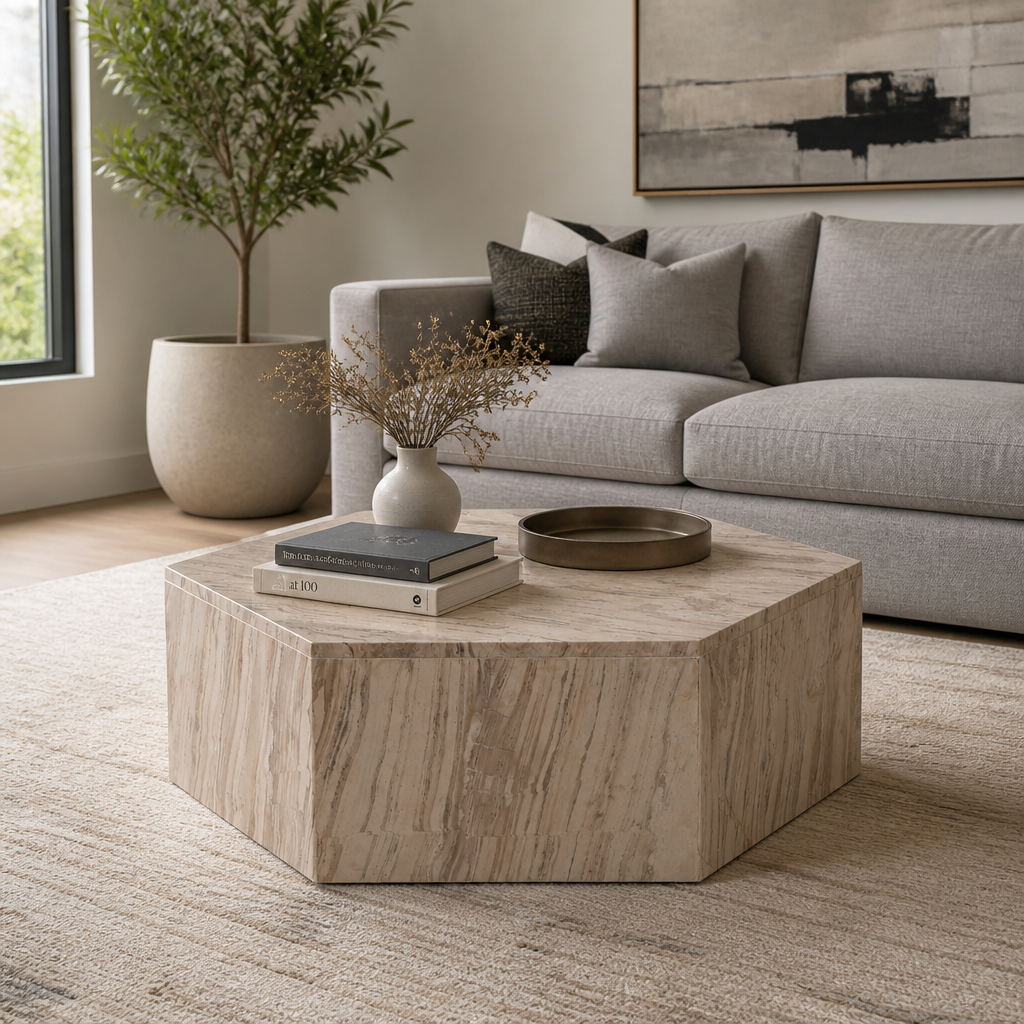 35in Hexagon Coffee Table - Beige Marble