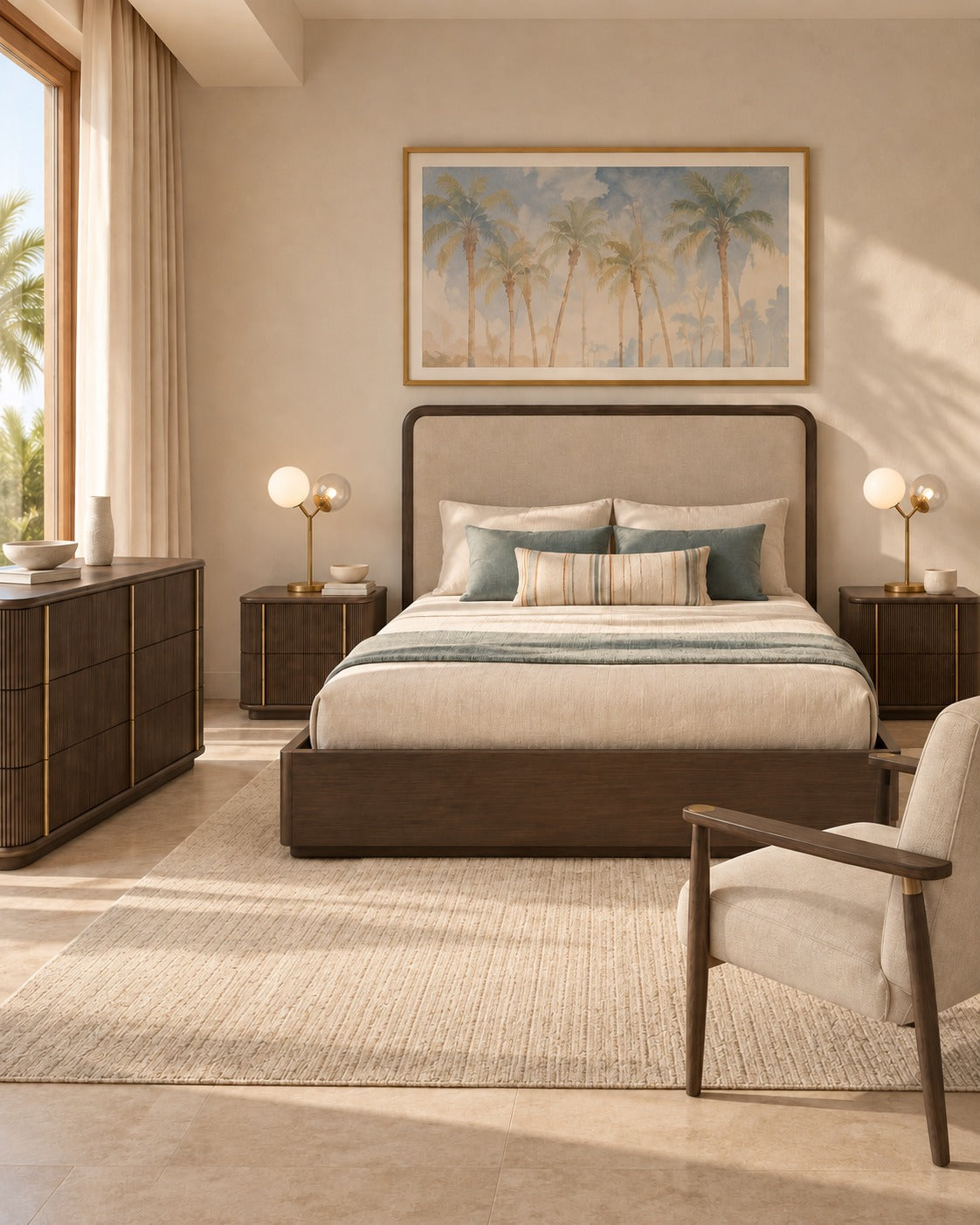 Translation missing: en.Ava Collection bedroom in smoked oak with reeded fronts and gold accents — storage bed, nightstands and dresser